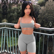 Load image into Gallery viewer, HAOYUAN Sexy Two Piece Set Women Bodycon Matching Sets Crop Tops and Biker Shorts Sweat Suits Summer Outfits 2 Pcs Tracksuit
