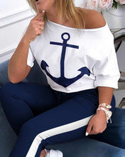 Load image into Gallery viewer, Plus Size Two Piece Set Tracksuit Women Boat Anchor Print 2 Piece Set Top And Pants Femme Clothes Elastic Waist Long Pants Set