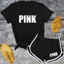 Load image into Gallery viewer, Cute Pink Letter Tracksuit Set Women Short Sleeve T Shirt And Shorts Fashion Casual 2 Piece Suits