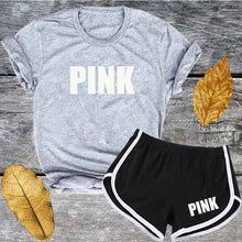 Load image into Gallery viewer, Cute Pink Letter Tracksuit Set Women Short Sleeve T Shirt And Shorts Fashion Casual 2 Piece Suits