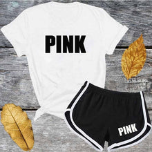 Load image into Gallery viewer, Cute Pink Letter Tracksuit Set Women Short Sleeve T Shirt And Shorts Fashion Casual 2 Piece Suits