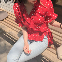 Load image into Gallery viewer, New 2020 Summer Women Blouse V-Neck Casual Fashionable Chiffon Shirt Lace Up Bow Lantern Sleeve Heart Ruffles Short Tops BL1988