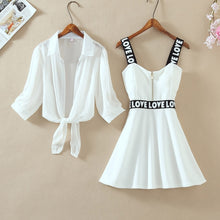 Load image into Gallery viewer, Fashion Women Lantern Sleeve Turn Down Chiffon Shirt Top + Mini Short A Line Letter Spaghetti Strap Dress New Two Pieces Sets