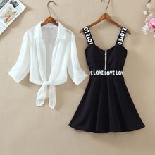 Load image into Gallery viewer, Fashion Women Lantern Sleeve Turn Down Chiffon Shirt Top + Mini Short A Line Letter Spaghetti Strap Dress New Two Pieces Sets