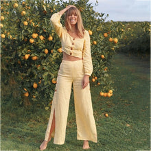 Load image into Gallery viewer, 2 Two Piece Set Women Fashion Casual loose Crop Top and wide leg Pants Spring Lantern sleeve Outfits for Women lounge wear 2020