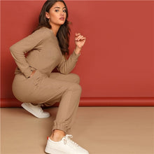 Load image into Gallery viewer, SHEIN Apricot Round Neck Solid Pullover and Slant Pocket Plain Pants Set 2019 Spring Women Minimalist Streetwear Twopiece