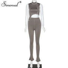 Load image into Gallery viewer, Simenual Casual Sporty Active Wear Matching Set Women Sleeveless Workout Bodycon 2 Piece Outfits Skinny Crop Top and Pants Sets