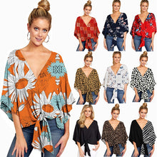 Load image into Gallery viewer, Plus Size 5XL Summer Cardigan Women Blouse Casual Batwing Sleeve Deep V Blouses Femme Print Tie Loose Irregular Pullovers Ladies