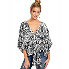 Load image into Gallery viewer, Plus Size 5XL Summer Cardigan Women Blouse Casual Batwing Sleeve Deep V Blouses Femme Print Tie Loose Irregular Pullovers Ladies