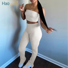 Load image into Gallery viewer, HAOYUAN Sexy Knit Two Piece Set Summer Clothes for Women Crop Top and Split Flare Pant Suit 2 Piece Club Outfits Matching Sets