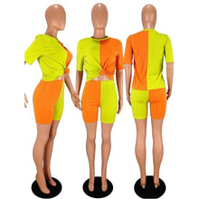 Load image into Gallery viewer, Plus Size 2 Piece Short Set Women Summer Clothes Patchwork Top Biker Shorts Set Women Two Piece Outfits for Women Set Tracksuit
