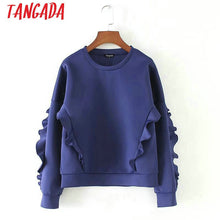 Load image into Gallery viewer, Tangada Women Casual Hoodie Sweatshirt Ruffles O-neck Long Sleeve Purple blue Ladies Autumn Winter Tops SX05
