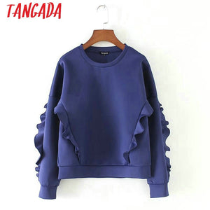 Tangada Women Casual Hoodie Sweatshirt Ruffles O-neck Long Sleeve Purple blue Ladies Autumn Winter Tops SX05