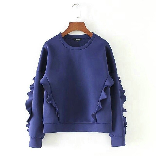 Tangada Women Casual Hoodie Sweatshirt Ruffles O-neck Long Sleeve Purple blue Ladies Autumn Winter Tops SX05