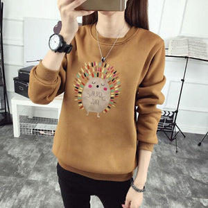 Cute Hedgehog Print Women Hoodie Spring Autumn Winter Long Sleeve Round Neck Women's Sweatshirt Thick Fleece Women Tracksuit