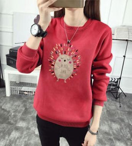 Cute Hedgehog Print Women Hoodie Spring Autumn Winter Long Sleeve Round Neck Women's Sweatshirt Thick Fleece Women Tracksuit