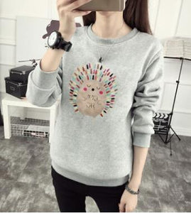 Cute Hedgehog Print Women Hoodie Spring Autumn Winter Long Sleeve Round Neck Women's Sweatshirt Thick Fleece Women Tracksuit