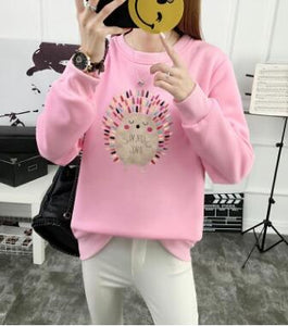 Cute Hedgehog Print Women Hoodie Spring Autumn Winter Long Sleeve Round Neck Women's Sweatshirt Thick Fleece Women Tracksuit