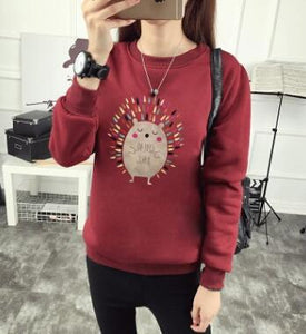 Cute Hedgehog Print Women Hoodie Spring Autumn Winter Long Sleeve Round Neck Women's Sweatshirt Thick Fleece Women Tracksuit