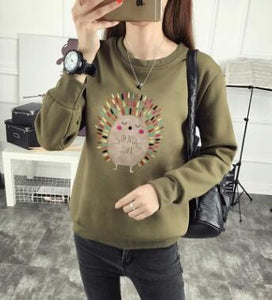 Cute Hedgehog Print Women Hoodie Spring Autumn Winter Long Sleeve Round Neck Women's Sweatshirt Thick Fleece Women Tracksuit