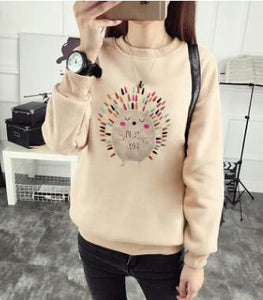 Cute Hedgehog Print Women Hoodie Spring Autumn Winter Long Sleeve Round Neck Women's Sweatshirt Thick Fleece Women Tracksuit