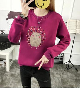 Cute Hedgehog Print Women Hoodie Spring Autumn Winter Long Sleeve Round Neck Women's Sweatshirt Thick Fleece Women Tracksuit