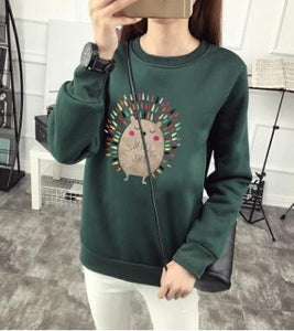 Cute Hedgehog Print Women Hoodie Spring Autumn Winter Long Sleeve Round Neck Women's Sweatshirt Thick Fleece Women Tracksuit