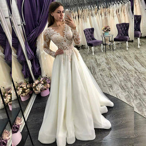 Luxury Long Sleeves A-Line Tulle Wedding Dresses 2020 Exquisite Lace Appliques V Neck Formal vestido De Noiva Sexy Bridal Gowns