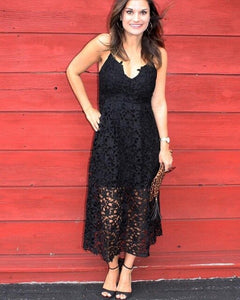 Fashion Sleeveless Halter Strap Vintage Women Overtay V Neck Summer Lace  Dress 2018 High Waist Sexy Backless Bandage Midi Dress