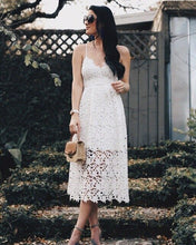 Load image into Gallery viewer, Fashion Sleeveless Halter Strap Vintage Women Overtay V Neck Summer Lace  Dress 2018 High Waist Sexy Backless Bandage Midi Dress
