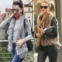 Load image into Gallery viewer, Natural Rabbit Fur Vest With Raccoon Fur Collar Party Waistcoat jackets knitted Gilets women wool vest colete de pele de coelho
