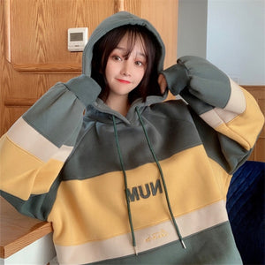 Hoodies Women Thicker Plus Velvet Students Simple Patchwork Hooded Korean Style Harajuku Womens High Quality Trendy Oversize New
