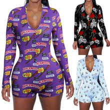 Load image into Gallery viewer, Sexy Women V-neck Animal Print Bodycon Sleepwear Jumpsuit Button Bodysuit Leotard Crop Tops Button Short Romper Pajamas Overalls
