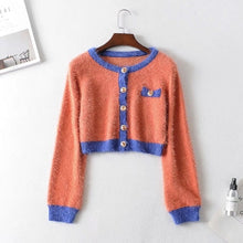 Load image into Gallery viewer, 2019 Autumn Retro Shaggy Contrast color Cardigan Korea Single-breasted Button Knitted Sweater Package Hips Mini Skirt 1 Set
