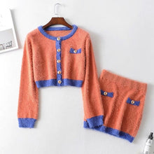 Load image into Gallery viewer, 2019 Autumn Retro Shaggy Contrast color Cardigan Korea Single-breasted Button Knitted Sweater Package Hips Mini Skirt 1 Set
