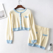 Load image into Gallery viewer, 2019 Autumn Retro Shaggy Contrast color Cardigan Korea Single-breasted Button Knitted Sweater Package Hips Mini Skirt 1 Set
