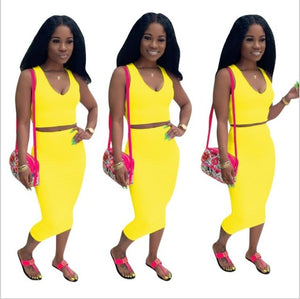 2019 new women summer solid tank top bodycon midi skirts suit two piece set club party women's tracksuit outfit dress D9120