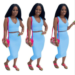 2019 new women summer solid tank top bodycon midi skirts suit two piece set club party women's tracksuit outfit dress D9120