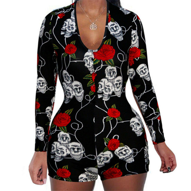 Sexy Women V-neck Animal Print Bodycon Sleepwear Jumpsuit Button Bodysuit Leotard Crop Tops Button Short Romper Pajamas Overalls