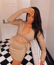 Load image into Gallery viewer, BOOFEENAA Ribbed Bodycon Two Piece Set Women Zip Up Crop Top Skirt Matching Sets Fall Fashion Sexy Party Club Outfits for Ladies
