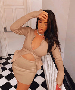 BOOFEENAA Ribbed Bodycon Two Piece Set Women Zip Up Crop Top Skirt Matching Sets Fall Fashion Sexy Party Club Outfits for Ladies