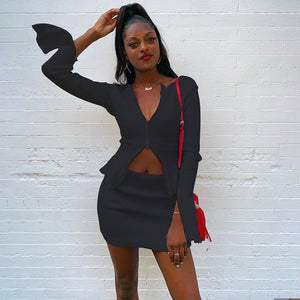 BOOFEENAA Ribbed Bodycon Two Piece Set Women Zip Up Crop Top Skirt Matching Sets Fall Fashion Sexy Party Club Outfits for Ladies