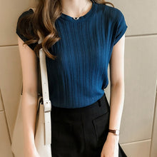 Load image into Gallery viewer, 2020 Summer Ice Silk Knit Tops Short Sleeve Solid Bright Office Lady Work Casual Shirts New Korean Japan Slim Knitwear Shirt
