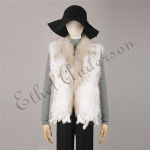 Natural Rabbit Fur Vest With Raccoon Fur Collar Party Waistcoat jackets knitted Gilets women wool vest colete de pele de coelho