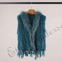 Load image into Gallery viewer, Natural Rabbit Fur Vest With Raccoon Fur Collar Party Waistcoat jackets knitted Gilets women wool vest colete de pele de coelho

