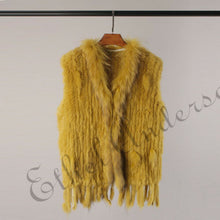 Load image into Gallery viewer, Natural Rabbit Fur Vest With Raccoon Fur Collar Party Waistcoat jackets knitted Gilets women wool vest colete de pele de coelho
