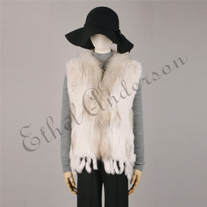 Natural Rabbit Fur Vest With Raccoon Fur Collar Party Waistcoat jackets knitted Gilets women wool vest colete de pele de coelho