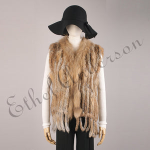 Natural Rabbit Fur Vest With Raccoon Fur Collar Party Waistcoat jackets knitted Gilets women wool vest colete de pele de coelho