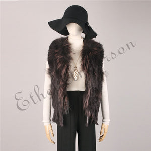 Natural Rabbit Fur Vest With Raccoon Fur Collar Party Waistcoat jackets knitted Gilets women wool vest colete de pele de coelho