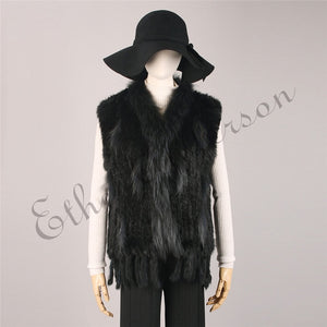 Natural Rabbit Fur Vest With Raccoon Fur Collar Party Waistcoat jackets knitted Gilets women wool vest colete de pele de coelho